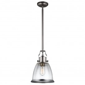 Elstead Hobson Single Light Medium Ceiling Pendant in Satin Nickel Finish Complete with Seeded Glass Shade