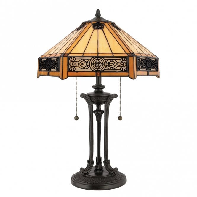 Elstead Lighting Elstead Quoizel Indus 2 Light Table Lamp In Vintage Bronze Finish And Tiffany Glass Shade