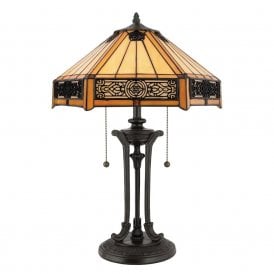 Elstead Quoizel Indus 2 Light Table Lamp In Vintage Bronze Finish And Tiffany Glass Shade
