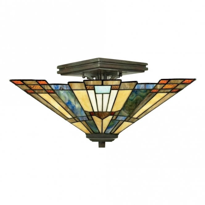 Elstead Lighting Elstead Quoizel Inglenook 2 Light Semi Flush Ceiling Fitting In Valiant Bronze Finish And Tiffany Glass Shade