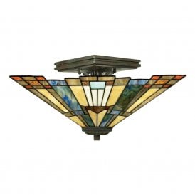 Elstead Quoizel Inglenook 2 Light Semi Flush Ceiling Fitting In Valiant Bronze Finish And Tiffany Glass Shade
