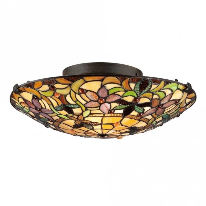 Elstead Lighting Elstead Quoizel Kami 2 Light Semi Flush Ceiling Fitting In Vintage Bronze Finish And Tiffany Glass Shade