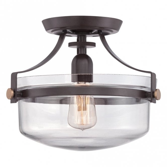 Elstead Lighting Elstead Quoizel Penn Station Single Light Semi Flush Ceiling Lantern In Western Bronze And Clear Glass Finish