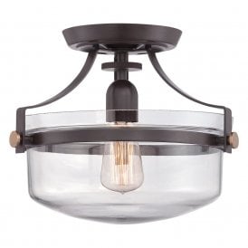 Elstead Quoizel Penn Station Single Light Semi Flush Ceiling Lantern In Western Bronze And Clear Glass Finish