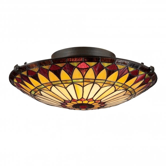 Elstead Lighting Elstead Quoizel West End 2 Light Flush Ceiling Fitting In Vintage Bronze Finish And Tiffany Glass Shade