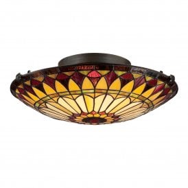 Elstead Quoizel West End 2 Light Flush Ceiling Fitting In Vintage Bronze Finish And Tiffany Glass Shade