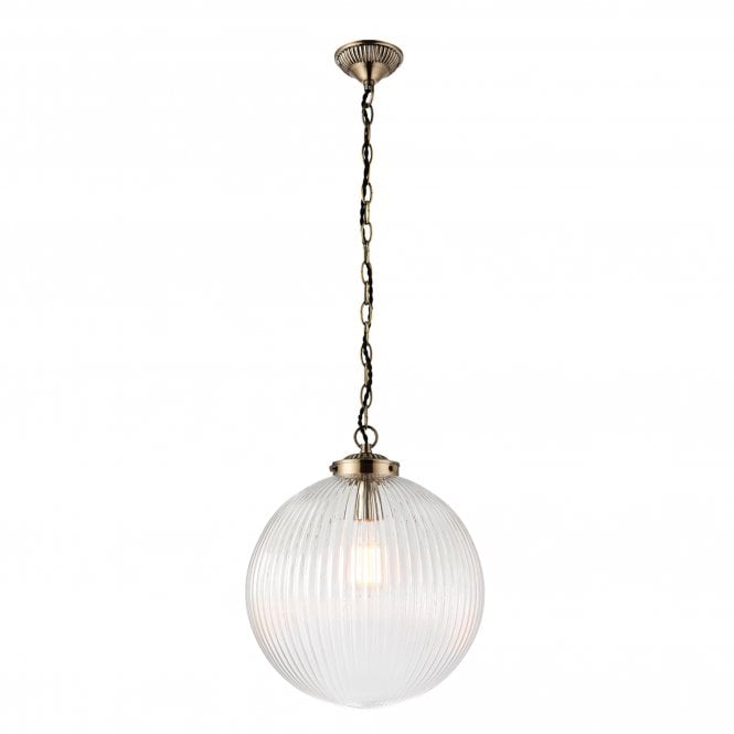 Endon Lighting Endon Brydon Single Light Large Ceiling Pendant in Ribbed Glass and Antique Brass Finish