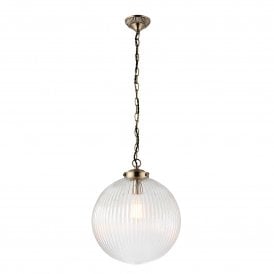 Endon Brydon Single Light Large Ceiling Pendant in Ribbed Glass and Antique Brass Finish