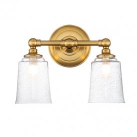 Feiss Huguenot Lake 2 Light Bathroom Wall Fitting in Burnished Brass Finish With Seeded Clear Glass