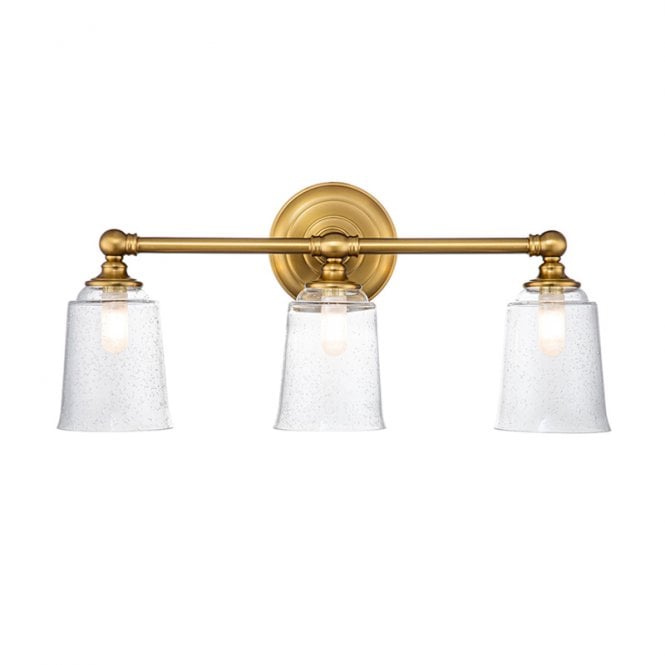 Feiss  Huguenot Lake 3 Light Bathroom Wall Fitting in Burnished Brass Finish With Seeded Clear Glass