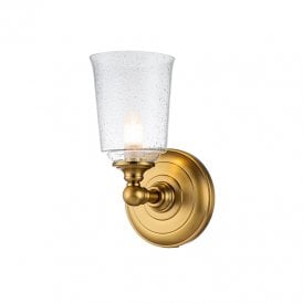 Feiss Huguenot Lake Single Light Bathroom Wall Fitting in Burnished Brass Finish With Seeded Clear Glass