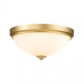 Feiss Malibu 2 Light Bathroom Flush Ceiling Fitting in Brushed Brass Finish With Opal Glass