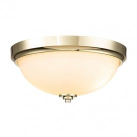 Feiss Malibu 2 Light Bathroom Flush Ceiling Fitting in Polished Brass Finish With Opal Glass