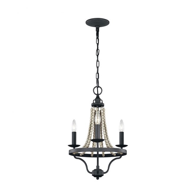 Feiss  Nori 3 Light Chandelier In Weathered Zinc Finish With Driftwood Grey Beads