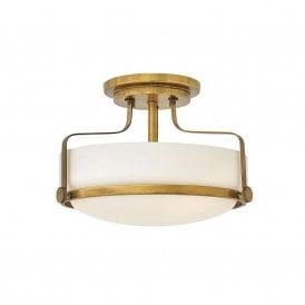 48197 Harper 3 Light Small Semi Flush Ceiling Fitting In Heritage Brass Finish With Opal Glass Shade