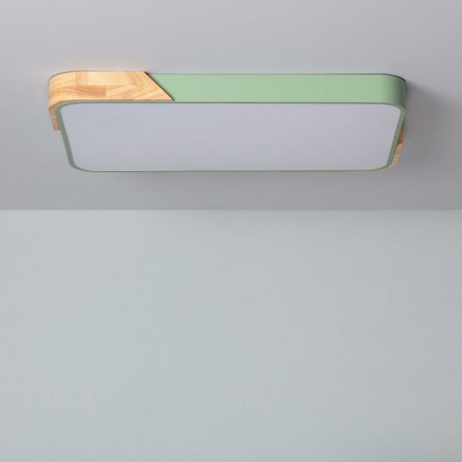 Iluzzia  Dari Rectangular 30W Colour Selectable LED Flush Ceiling Light In Green & Natural Wood Finish