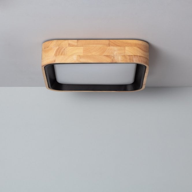 Iluzzia  Dari Square 15W Colour Selectable LED Flush Ceiling Light In Black & Wood Finish