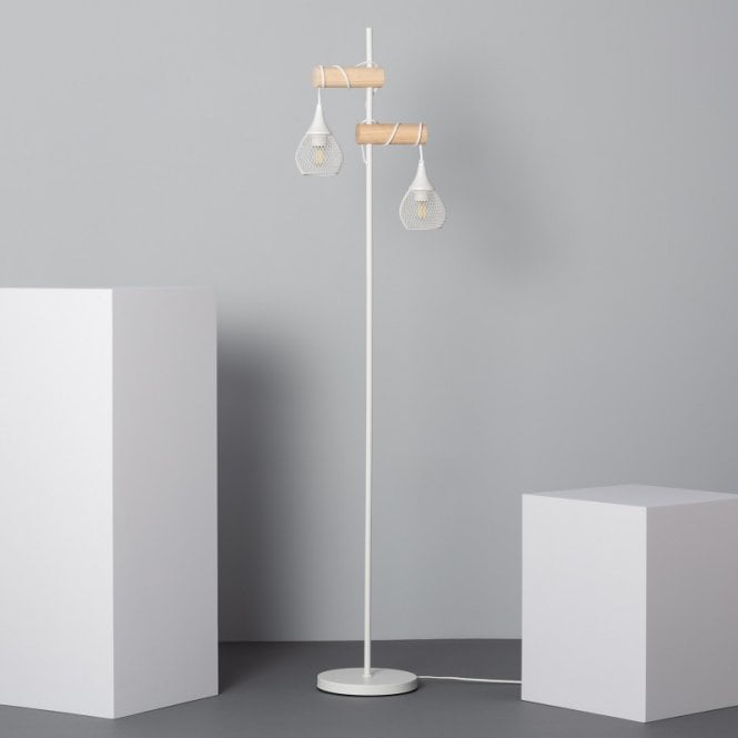 Iluzzia  Monah 2 Light Floor Lamp In White and Wood Finish