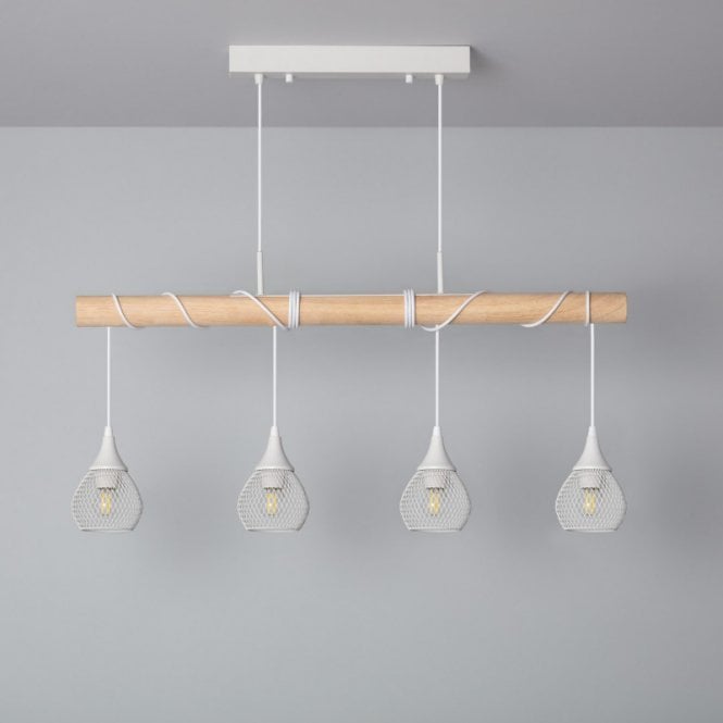 Iluzzia  Monah 4 Light Bar Ceiling Pendant In White & Wood Finish