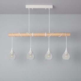 Iluzzia Monah 4 Light Bar Ceiling Pendant In White & Wood Finish