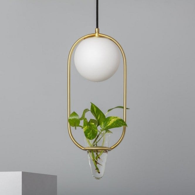 Iluzzia  Moonlight Puncak Single Light Ceiling Pendant In Gold finish With Opal Glass And Clear Glass Plant Pot