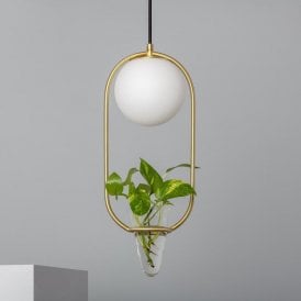 Iluzzia Moonlight Puncak Single Light Ceiling Pendant In Gold finish With Opal Glass And Clear Glass Plant Pot