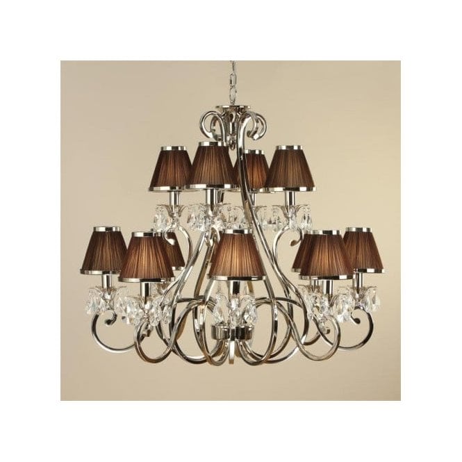 Interiors 1900 63509 Oksana 12 Light Chandelier in Polished Nickel with Chocolate Brown Shades