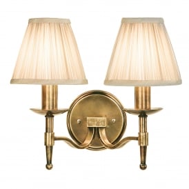 63654 Stanford 2 Light Wall Fitting In Antique Brass Finish With Beige Pleated Shades