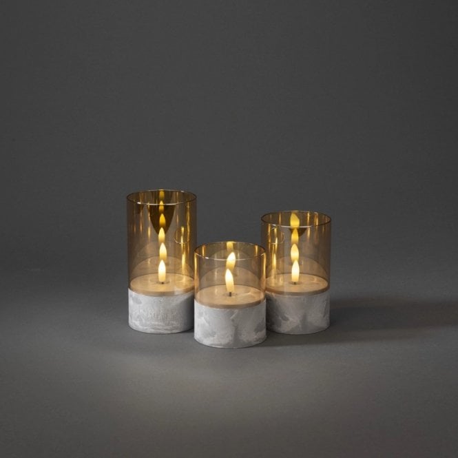 Konstsmide Set of 3 Battery Operated LED Smoked Glass Candle Lights