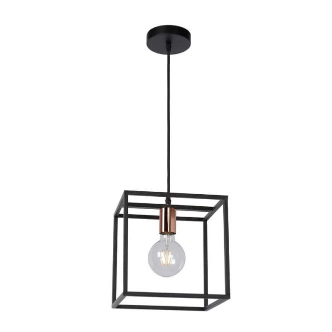 Lucide  Arthur Single Light Ceiling Pendant In Black And Copper Finish
