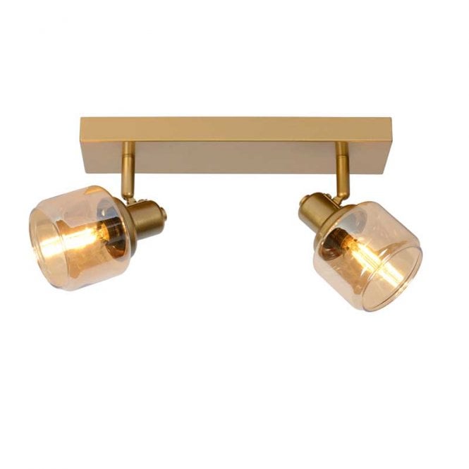 Lucide Bjorn 2 Light Ceiling Spotlight Bar Fitting in Matt Gold Finish with Champagne Glass Shades