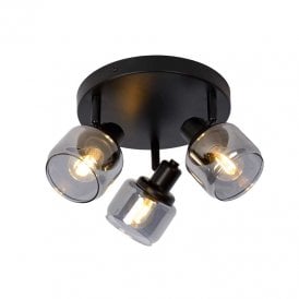 Bjorn 3 Light Ceiling Plate Spotlight Fitting in Black Finish with Smoked Glass Shades