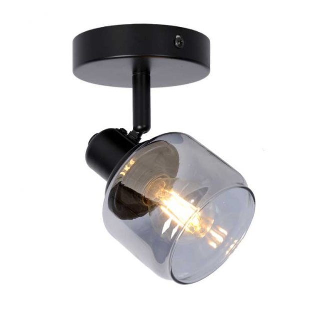 Lucide Bjorn Single Light Ceiling Plate Spotlight Fitting in Black Finish with Smoked Glass Shade