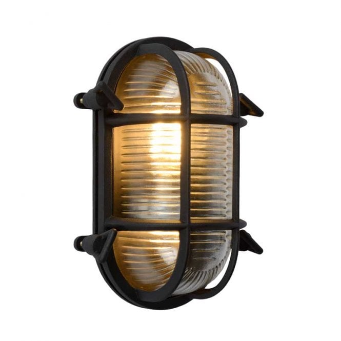 Lucide  Dudley Oval Outdoor Single Light Flush Wall Fitting in Black Finish and Opal Glass Diffuser