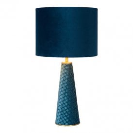 Lucide Extravaganza Velvet Single Light Table Lamp in Turquiose Finish with Gold Details Complete with Matching Velvet Shade