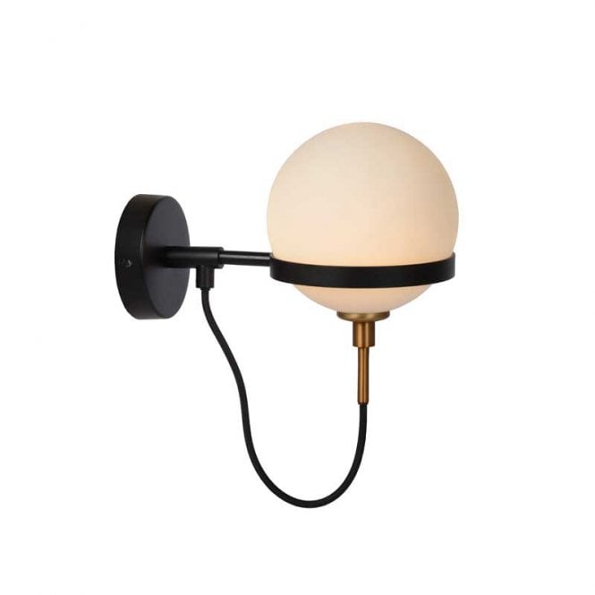 Lucide  Feline Single Light Bathroom Wall Fitting In Black Finish With White Glass