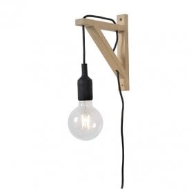 Lucide Fix Single Light Wall Fitting In Natural Wood And Black Finish with Plug