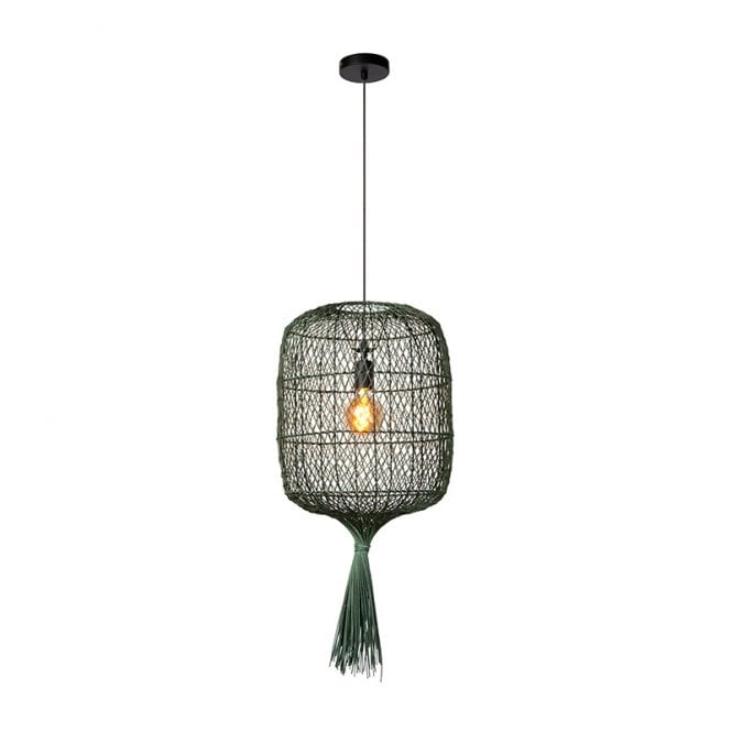 Lucide  Garve Single Light Ceiling Pendant in Black and Dark Green Rattan Finish