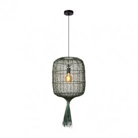 Lucide Garve Single Light Ceiling Pendant in Black and Dark Green Rattan Finish