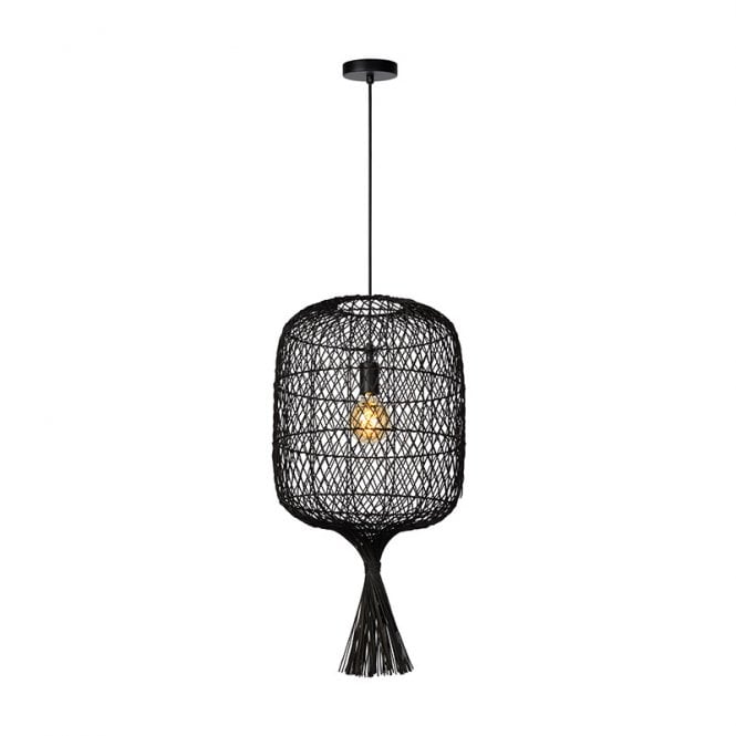 Lucide  Garve Single Light Ceiling Pendant in Black Rattan Finish