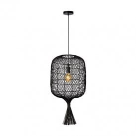 Lucide Garve Single Light Ceiling Pendant in Black Rattan Finish