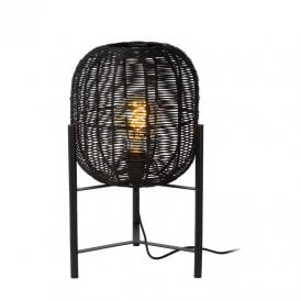 Lucide Hermine Single Light Table Lamp in Black Metal and Rattan Finish