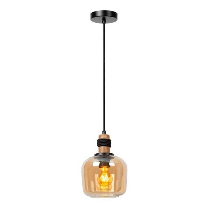 Lucide  Ilona Single Light Small Glass Ceiling Pendant In Amber Finish