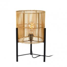 Lucide Jantine Single Light Table Lamp in Black Metal and Rattan Finish