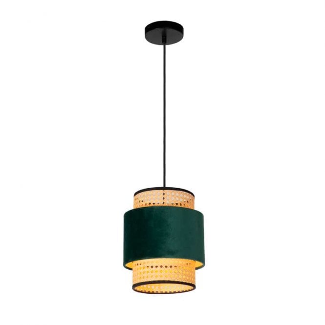 Lucide  Javor Single Light Ceiling Pendant In Green & Rattan Finish