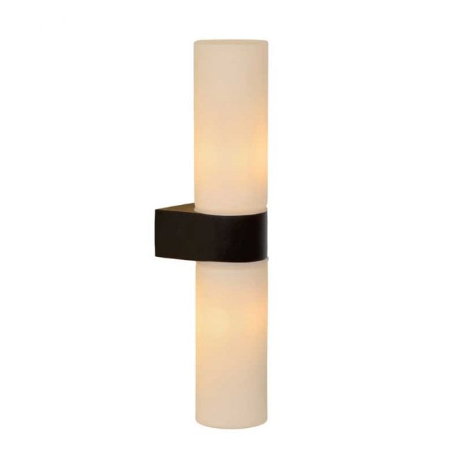 Lucide  Jesse Twin Light Bathroom Wall Fitting In Black Finish With White Glass Shade