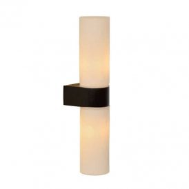 Lucide Jesse Twin Light Bathroom Wall Fitting In Black Finish With White Glass Shade