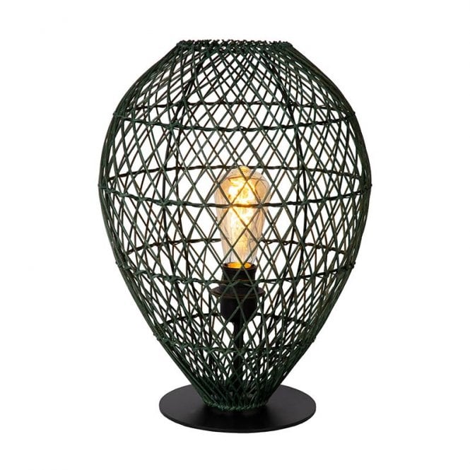 Lucide  Kenjiro Single Light Table Lamp in Black Metal Finish and Dark Green Rattan Wickerwork