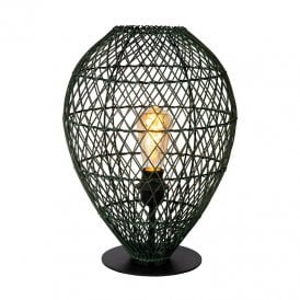 Lucide Kenjiro Single Light Table Lamp in Black Metal Finish and Dark Green Rattan Wickerwork