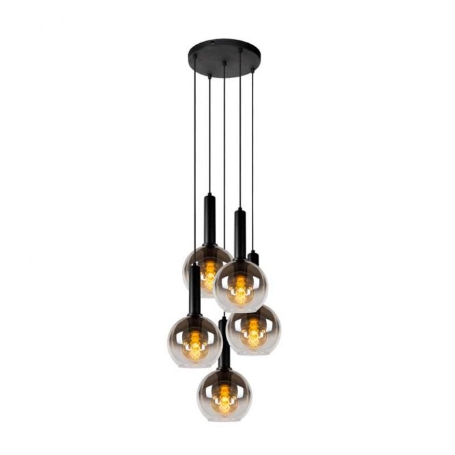 Lucide  Marius 5 Light Cascade Pendant In Black Finish With Smoked Glass